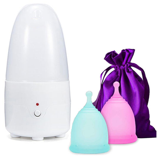 menstrual cup sterilizer with 2 silicone menstrual cups (small and large)